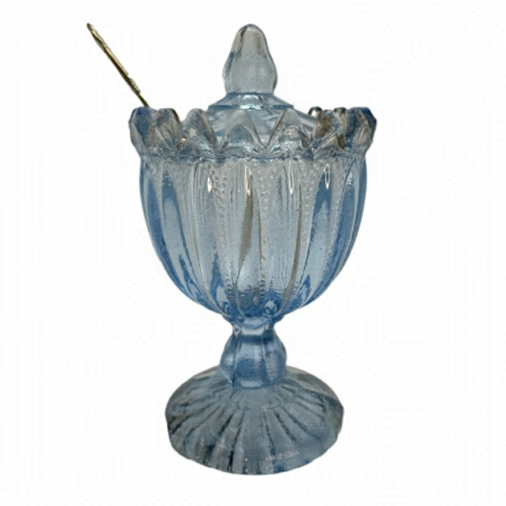 Vtg Portieux Vallerysthal Blue Beaded Footed Jam Container w/Lid Spoon France
